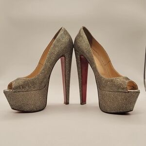Christian Louboutin Metallic Glitter Lady Peep Pumps Ultra high heels Size 38.5